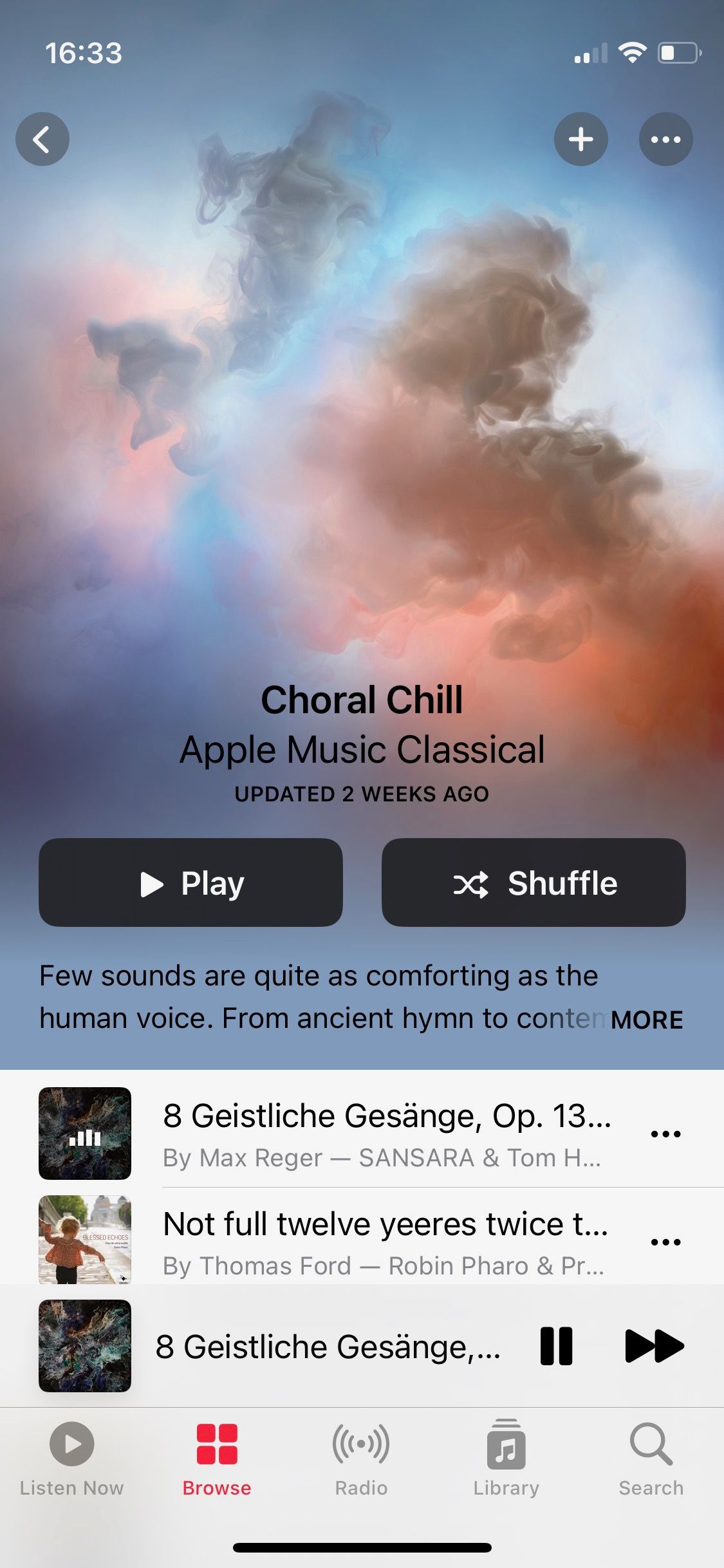 Скриншот плейлиста Choral Chill в Apple Music Wellbeing