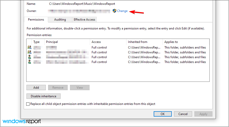 Поле ввода имени учётной записи для права собственности
