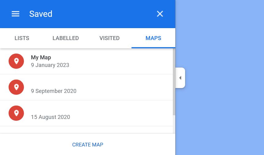 Сохранённые карты в Google Maps, список карт для выбора