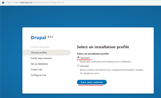 Выбор профиля установки Drupal