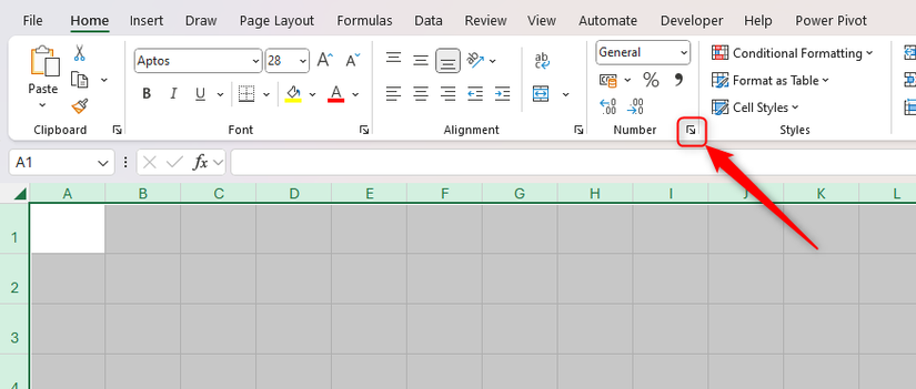 Tutte le celle selezionate e l'icona di apertura del gruppo Numero selezionata in Excel.