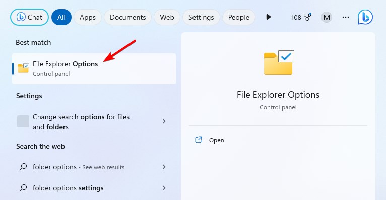 Окно поиска Windows с результатом «Параметры Проводника»