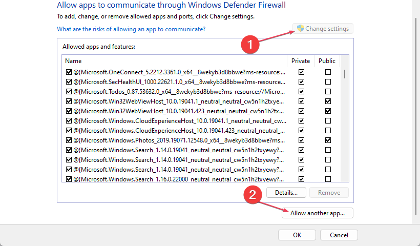 Параметры разрешений приложений в брандмауэре