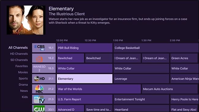 Экран «Сейчас в эфире» в приложении Channels с миниатюрами