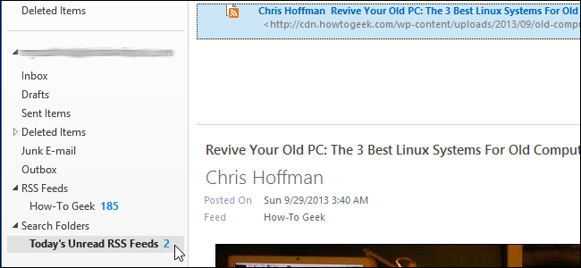Только сегодняшние RSS в Outlook 2013