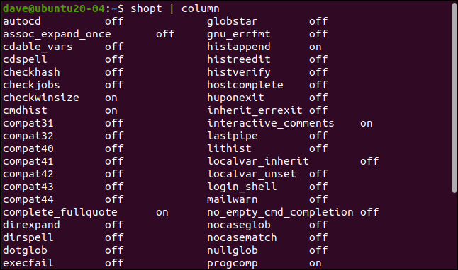 Вывод shopt | column в окне терминала