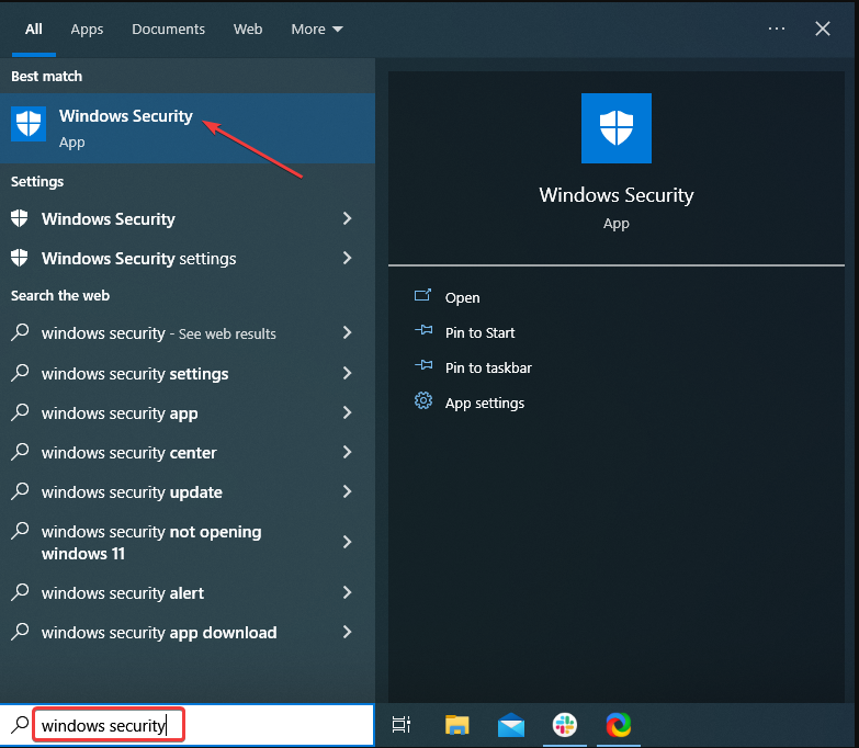 schermata di Windows Security nelle impostazioni