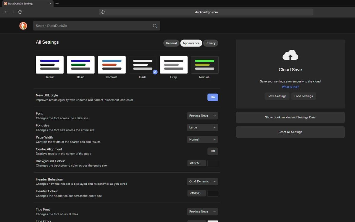 Первая половина страницы Appearance в All Settings с настройками тем и шрифтов