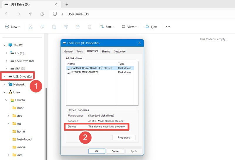 Статус устройства «Это устройство работает нормально» в свойствах USB.