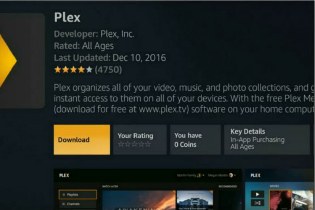 Страница приложения Plex на Fire Stick