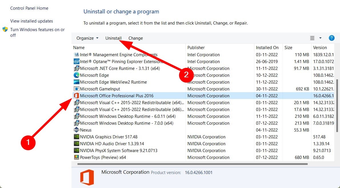 Удаление Microsoft Office через Панель управления