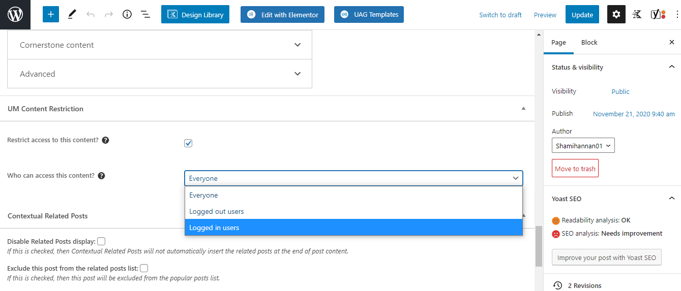 Выбор параметров ограничения страницы в Ultimate Member