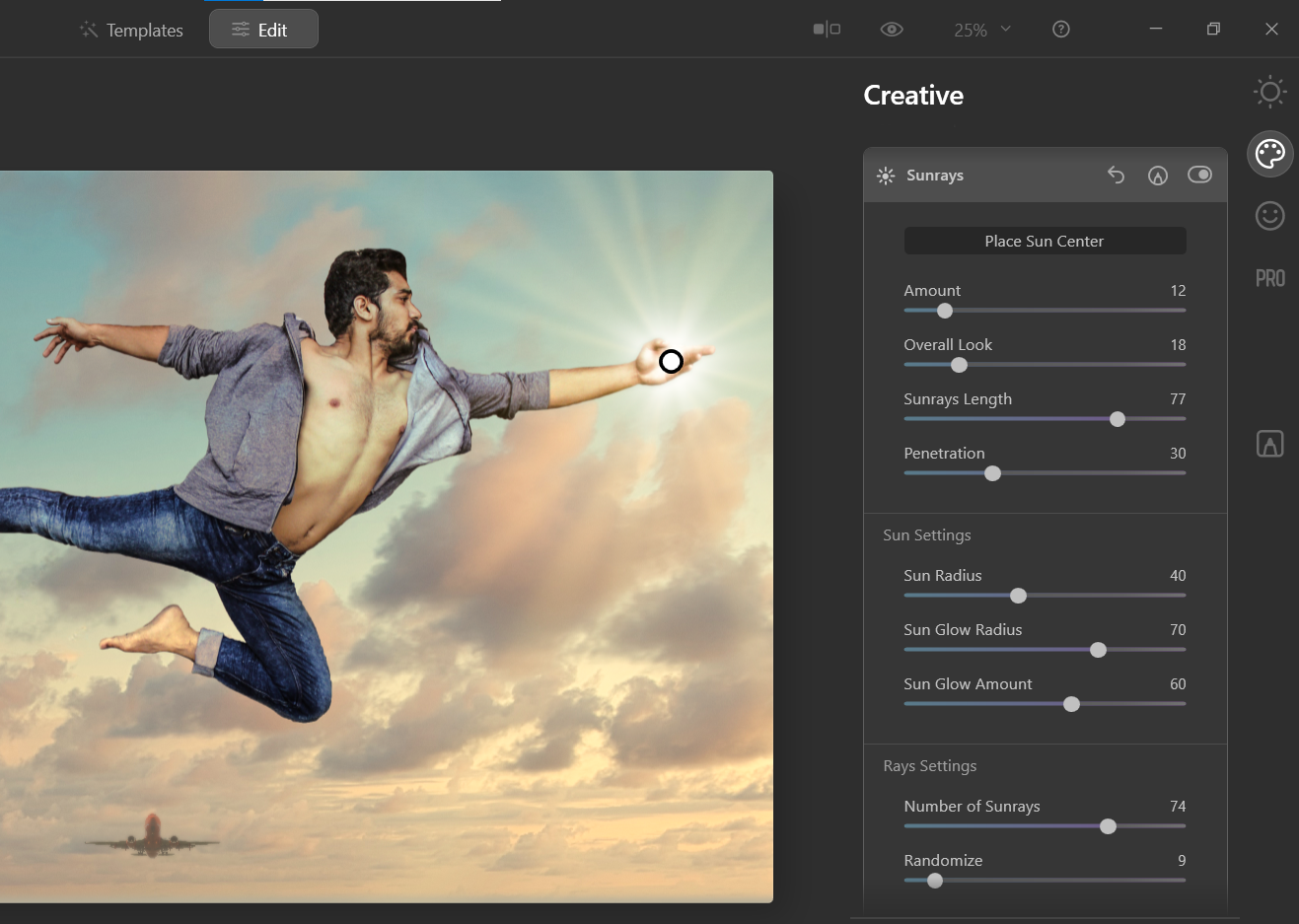 Настройка лучей и тепла — скриншот