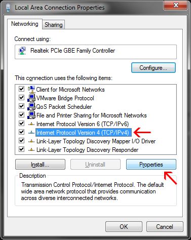 Свойства IPv4 в адаптере Windows