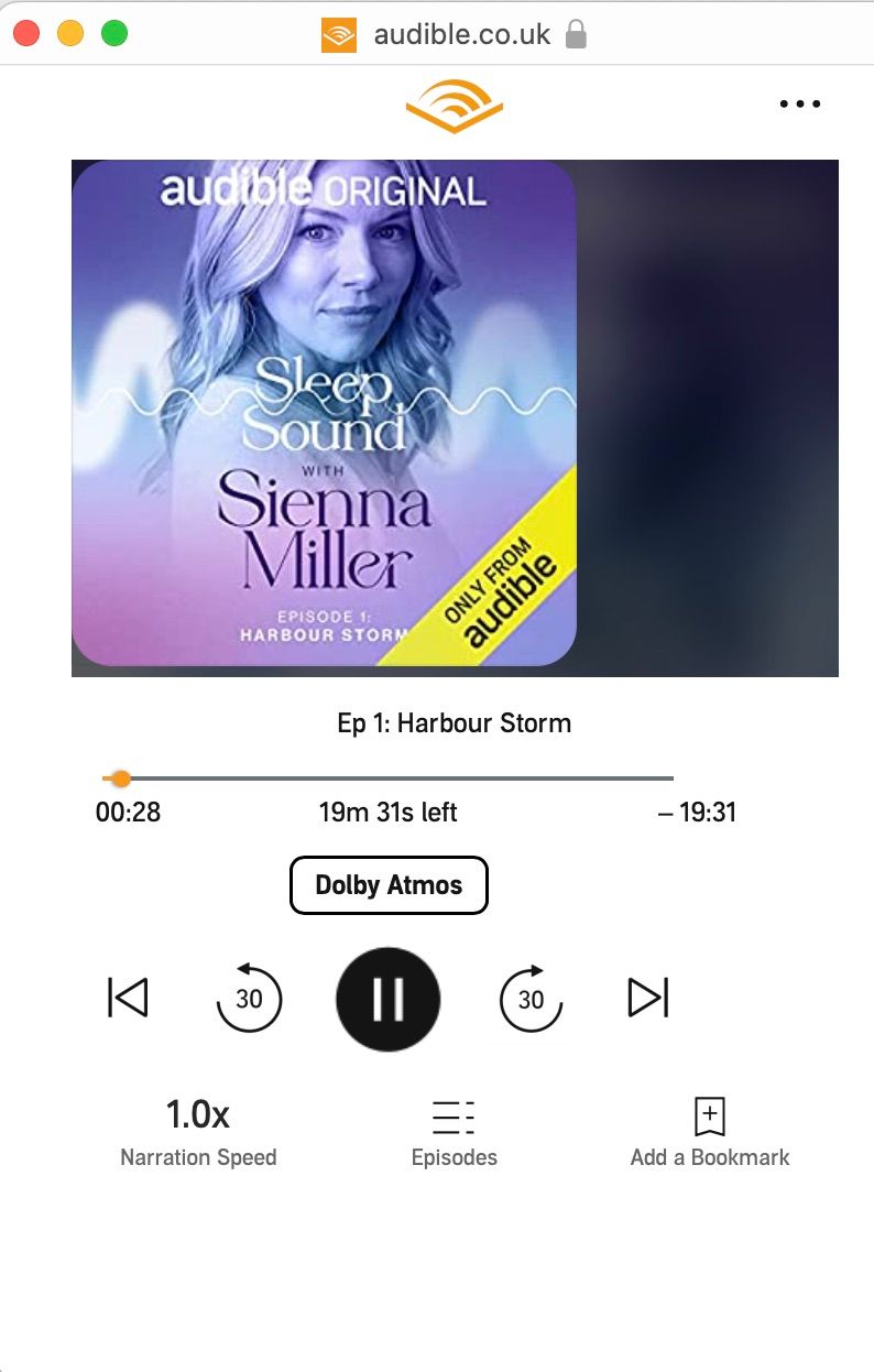 Скриншот плеера Audible с серией Sleep Sound в Dolby Atmos