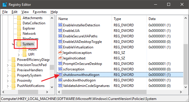 Редактор реестра: параметр shutdownwithoutlogon в ключе System