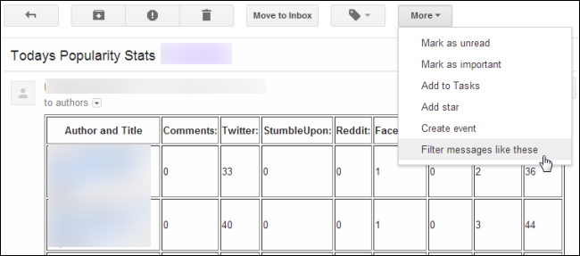 Выбор фильтрации писем по шаблону в Gmail