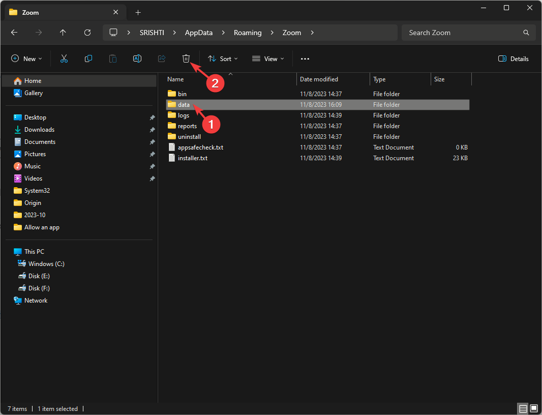 Удаление папки data в проводнике для очистки кеша Zoom