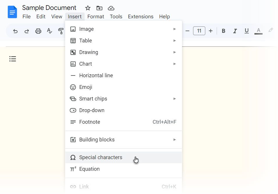 Окно специальных символов в Google Документах