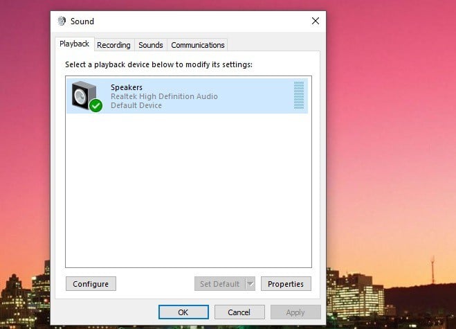 Конфигурация устройства воспроизведения в Windows