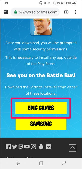 Кнопка загрузки Epic Games App на сайте Fortnite