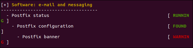 Результаты категории «Email and messaging» в отчёте Lynis, терминал