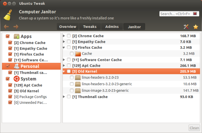 Панель очистки Janitor: кеши, старые пакеты и ядра