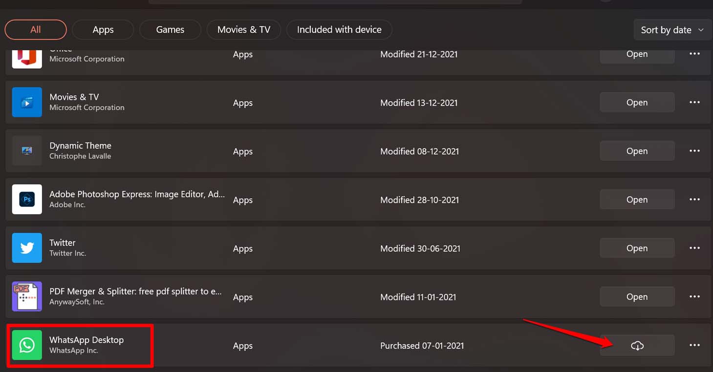 Обновление WhatsApp через Microsoft Store