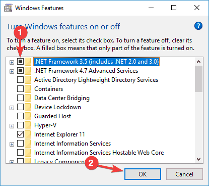 Включение .NET Framework в компонентах Windows