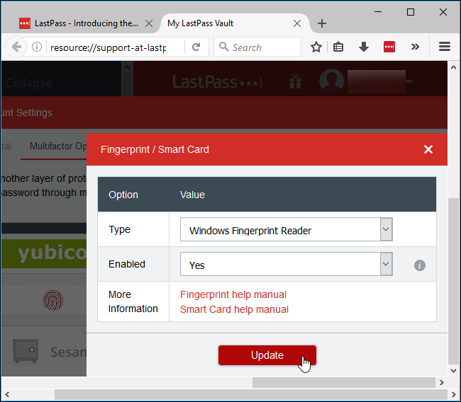 Выбор Windows Fingerprint Reader в LastPass