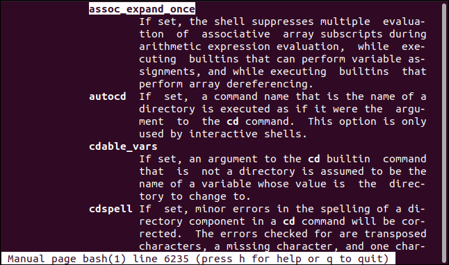 Man-страница Bash, показывающая раздел с shopt