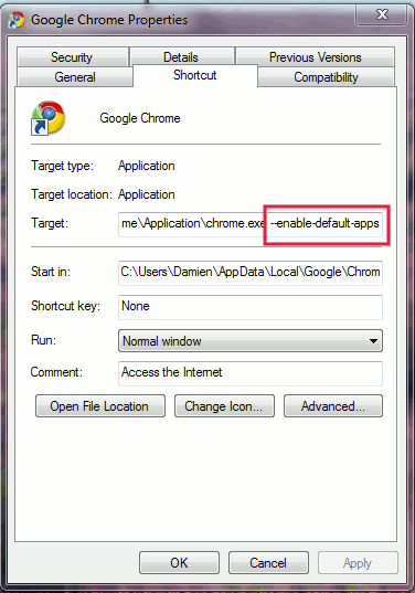 Пример добавления параметра в свойства ярлыка Chrome на Windows