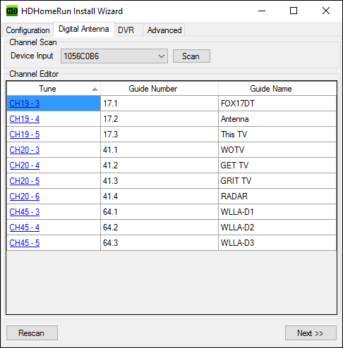 Результат сканирования с перечнем доступных каналов
