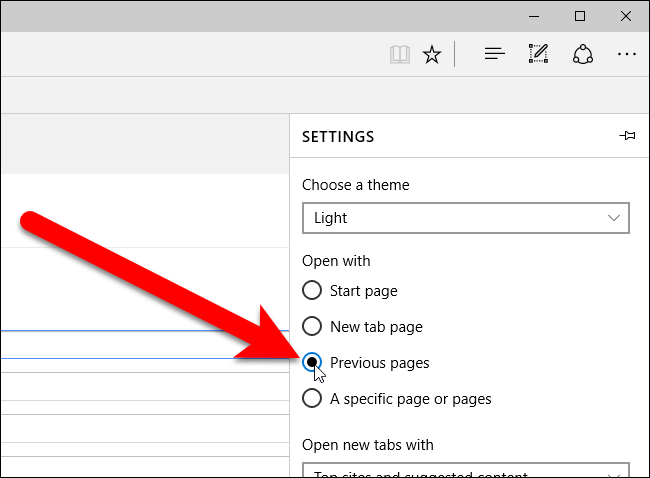 Скриншот панели Настроек Edge — выбор Предыдущие страницы