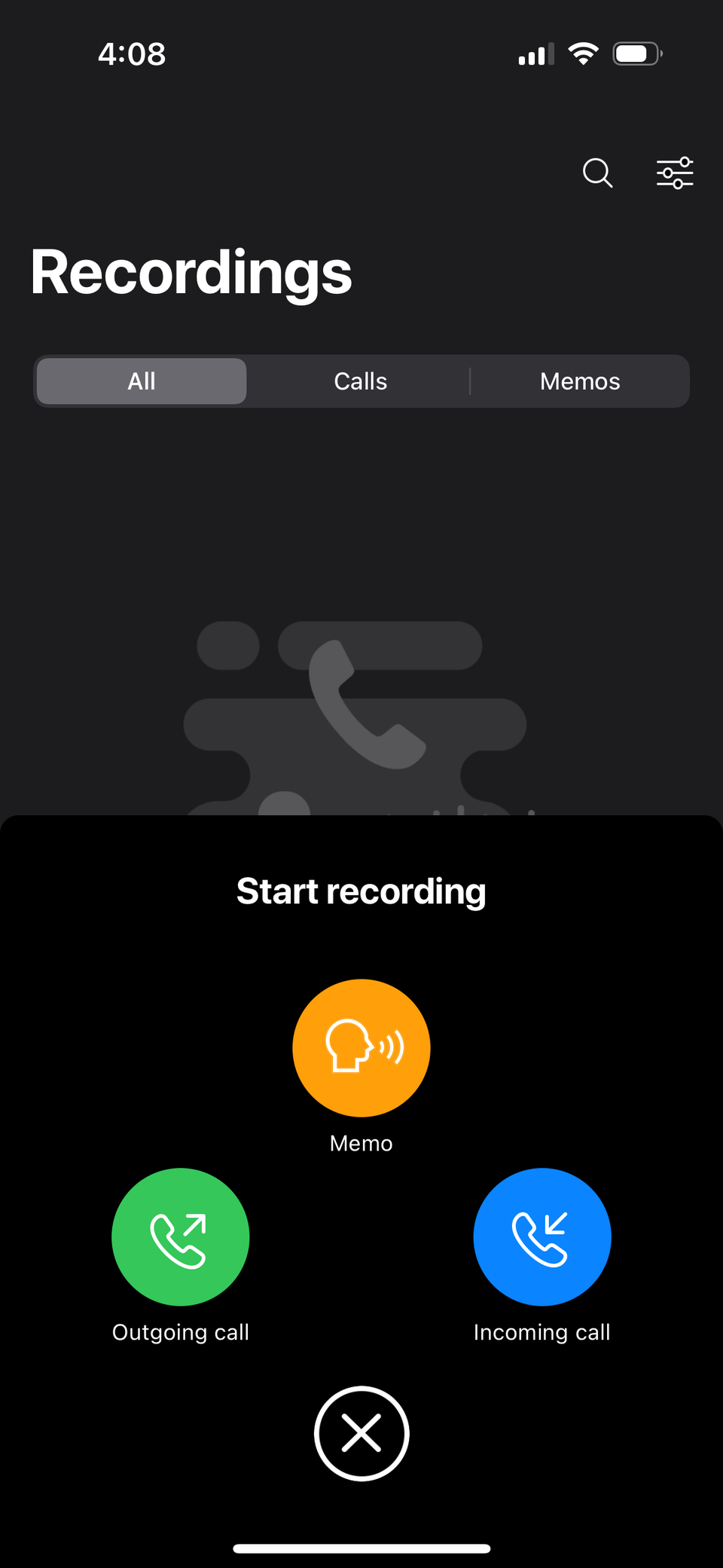 Starting a call recording in TapeACall