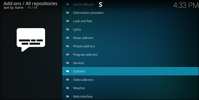 Меню субтитров в Kodi — список плагинов