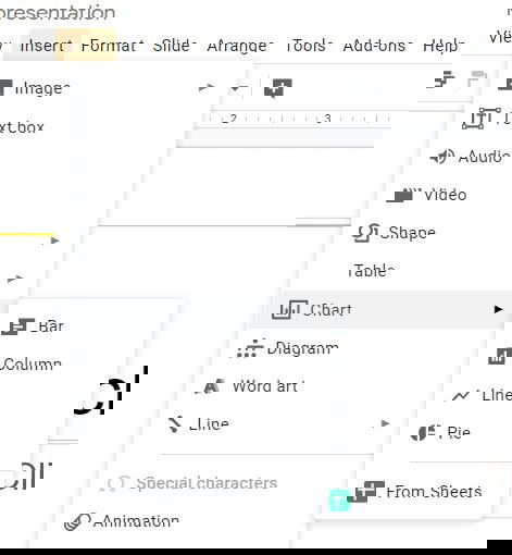 Вставка диаграммы через меню Insert в Google Slides