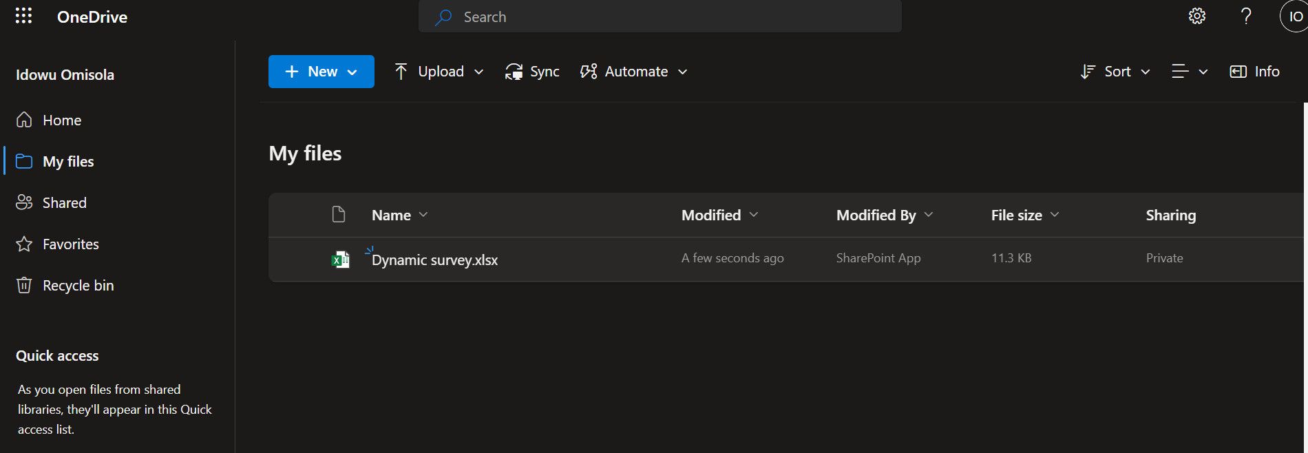 Книга Excel в OneDrive с именем формы, содержащая табличные ответы