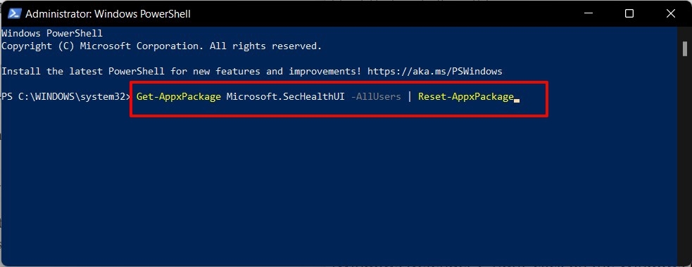 Выполнение команды PowerShell для сброса Windows Defender