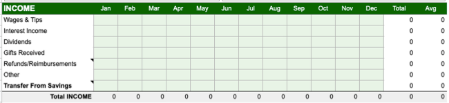 Раздел доходов в шаблоне Vertex42