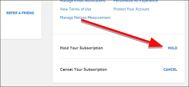 Кнопка приостановки подписки внизу страницы аккаунта Hulu