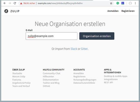 Форма ввода email для регистрации в Zulip
