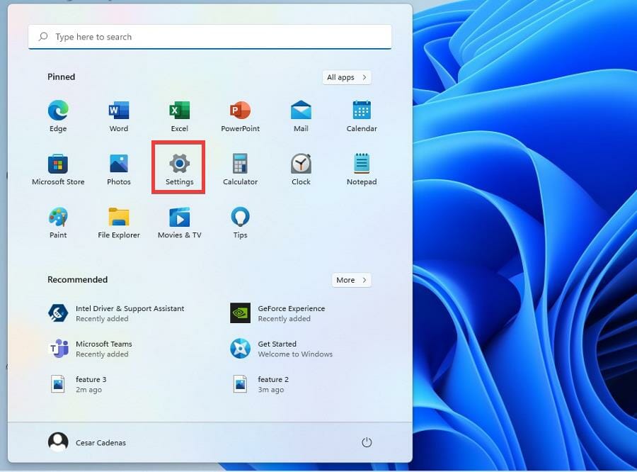 Окно меню Пуск с иконкой Параметров выделенной