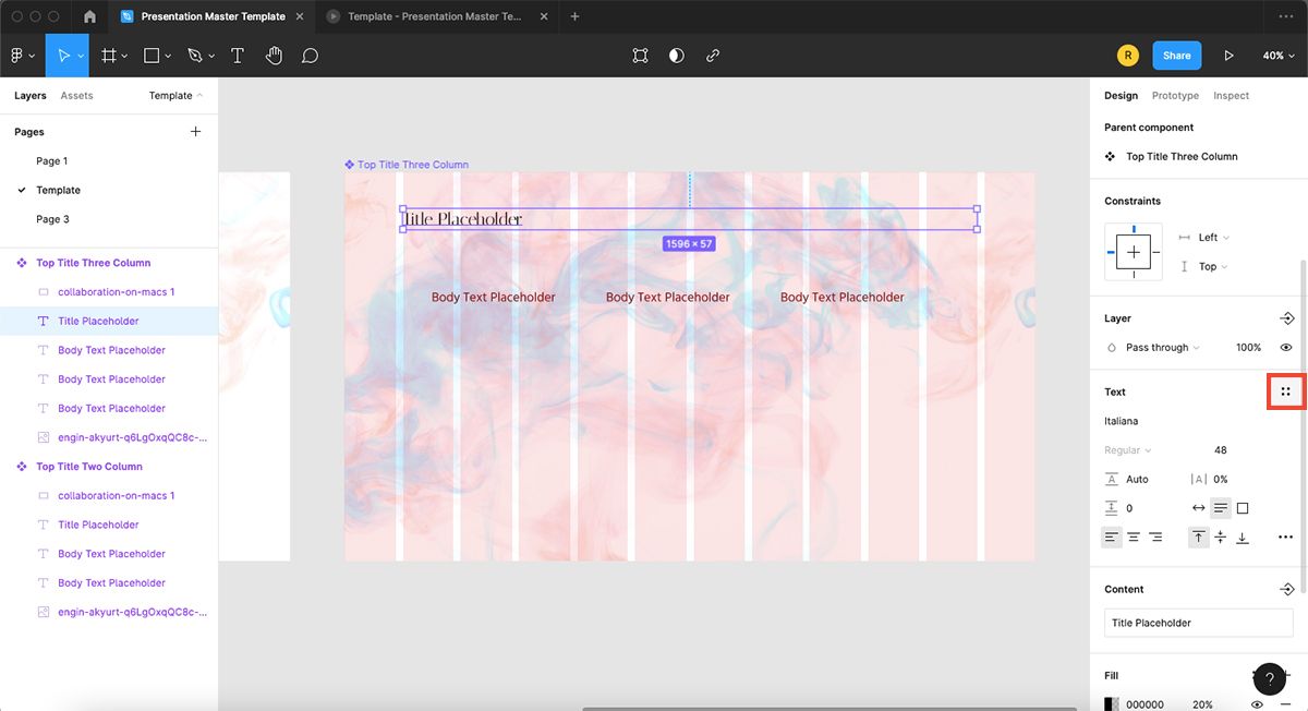 Figma with selected text and text menu highlighted.