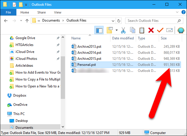 Оригинальный размер файла данных Outlook в свойствах