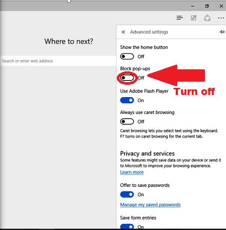 Отключение блокировки всплывающих окон в Edge