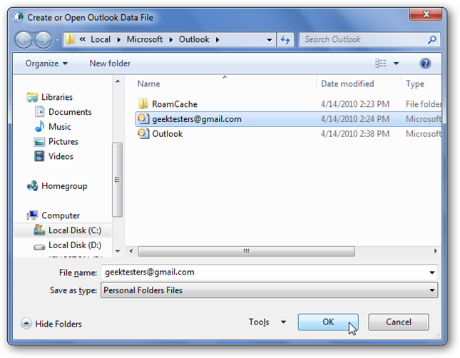 Выбор файла .pst для добавления