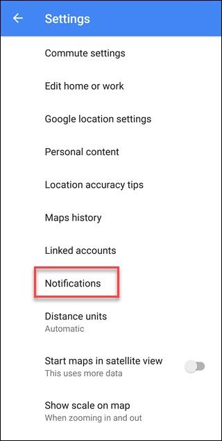 Меню настроек Google Maps с указанием Уведомлений