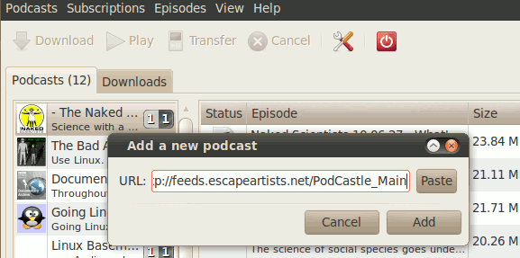 Окно добавления подкаста по URL