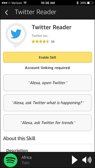 Скриншот приложения Alexa с навыком Twitter Reader